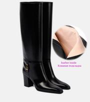 Krazing Pot Cow Skin Microfiber square Toe thick High Heels knee Boots Size 46 Size 45 Slip on Plus Size Women Keep Warm Long Boots 34