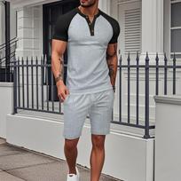 Summer Fashion V-neck Casual Fashion Patchwork Short Sleeve T-shirt Elastic Waist Shorts Set Male Tee Suit Men S pilka