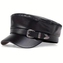 WoMen Pu Leather Beret Caps with Metal Belt Buckle,Outdoor Sunscreen Leisure Hat for Autumn Winter Travel Tourism Beach Vacation One Size
