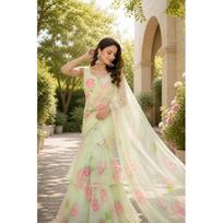 New Launch – Trendy Designer Lehenga Saree | Modern Ready-to-Wear Glam Look pastelinės žalios spalvos
