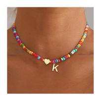 Beaded Choker Necklace Women Colorful Beads Necklace Initial Pendant Necklace Heart Initial Choker Birthday Gift for Girls Wife Girlfriend K