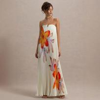 6 printed tube top loose heavy industry pleated long dress women S