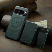 Detachable Tri-Fold Card Holder Leather Case for Google Pixel 10 Pro 9 Pro XL 9A 8 8A 7 7A Stand Wallet Magnetic Phone Cover Google10 žalia