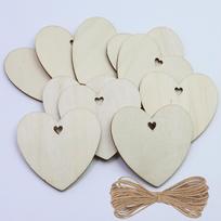50pcs Heart-Shaped Wood Slices 5cm with Holes, Natural Color for DIY Wedding, Christmas, and Festival Decorations About 50 pcs/bag with 10m Hemp Rope