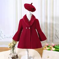 Girls Winter Solid Color Spliced Woolen Coat With Fur Collar For Kids 90cm raudona