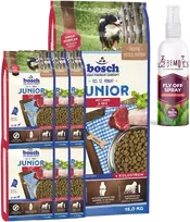 Bosch Petfood bosch Junior su ėriena ir ryžiais 15kg+6kg+Fly Off Purškiklis 150ml