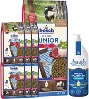 Bosch Petfood bosch Junior su ėriena ir ryžiais 15kg+6kg+lašišų aliejus 1000ml