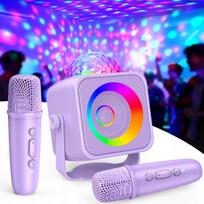 Violetinė mini karaoke sistema su dviem mikrofonais ir disko apšvietimu