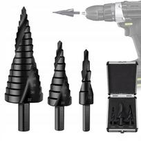 Kūginiai metalo grąžtai 4-32 mm su dėklu