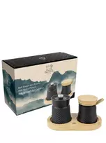 Peugeot Bali Fonte ketaus druskos ir pipirų malūnėlių rinkinys su mediniu padėklu, 8 cm, juodas