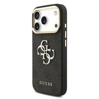 Guess PU Leather 4G Metal Logo Gold Frame dėklas Apple iPhone 18 Pro juodos spalvos