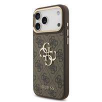 Guess PU Leather 4G Metal Logo Gold Frame dėklas Apple iPhone 18 Pro Max rudos spalvos