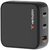 „Verbatim“ „GaN“ mini įkroviklis su ekranu ir laidu, 2 x USB-C / 1 x USB-A, pilkas, 100 W, įmontuota apsauga nuo viršsrovės