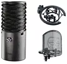 Aston Microphones Origin komplektas: kondensatorinis mikrofonas + laikiklis + pop filtras