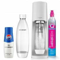 Sodastream Terra baltas sodų aparatas su kasete, indaplovėje plaunamu buteliu ir Pepsi sirupu