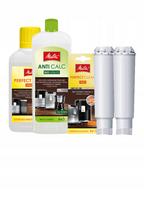 Kavos aparato priežiūros rinkinys MELITTA: du filtrai, AntiCalc, PerfectClean 250 ml, tabletės
