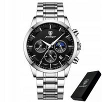 Vyriškas sidabrinis POEDAGAR chronograph laikrodis su apyranke, dėžutė, datą rodantis