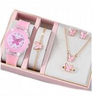 Mergaitiškas laikrodis su šviečiančia apyranke ir papuošalu Butterfly Pink 1714
