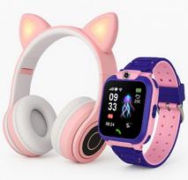 Išmanusis laikrodis vaikams Pink (GPS, lokatorius, kamera, SIM) + LED ausinės su kačių ausytėmis