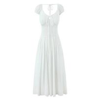 Women's French Short-Sleeve Lace-Up Backless High-Waisted Beach Dress Medium