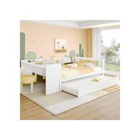 Lit double - MUVOE - 140x200cm - Bois massif - Bureau intégré - Étagères de rangement balta
