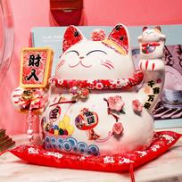 Keramikinė Maneki Neko Laimės Katė - Japoniško Stiliaus Laimės Katės Statulėlė Namams, Parduotuvės Įėjimui, Fojė ir Biuro Dekoras