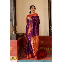 Royal Soft Lichi Silk Saree with Rich Pallu & All-Over Jacquard Work | Designer Party Wear Saree with Exclusive Jacquard Border Blouse violetinė