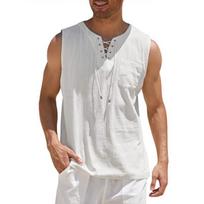 Men Sleeveless Lace Up Henley Neck Tank Top With Chest Pocket Multi Color Casual Linen Blend Shirt S