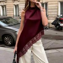 Women's Sleeveless Lace Trim Asymmetric Hem Top Lightweight Soft Fabric Round Neck Casual Blouse for Summer and Spring S
