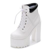 Super High Chunky Heel White Short Boots Lace Up Platform Shoes Punk Style 14cm High Boots Women's Botines Size34 Bottes Femmes 34