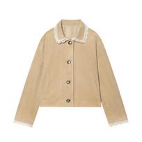 Cross-border spring new women's clothing casual lace edge decorative suede texture effect long sleeve short jacket XS