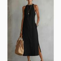 Summer Halter Sleeveless Midi Dress,Linen Lace Panel Side Slit Dress with Pockets, Solid Loose Casual Boho Breathable Beach Ladies Long Sundress S