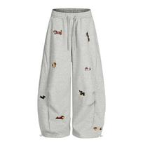 Embroidery Puppy Baggy Sweatpants Casual Elastic Drawstring Unisex Wide Leg Pants Trouser L