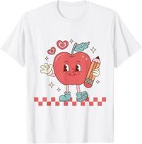 Cute Retro Checkered Apple with Face Teacher Pencil Trendy T-Shirt 2XL