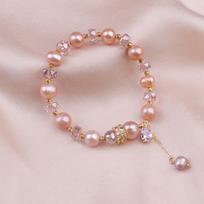 New Arrival 100% Natural Pink Freshwater Pearl Shiny Crystal 14K Gold Filled Ladies Beads Chain Bracelet  Gifts Women