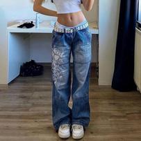 Women's Mid Rise Straight Leg Jeans Vintage Washed Printed Denim Pants Streetwear Casual Trousers S mėlyna