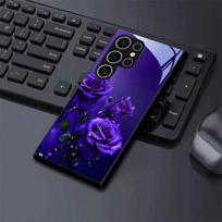 Juodas grūdinto stiklo telefono dėklas su violetinės rožės raštu, tinkamas Samsung Galaxy S26 S25 S24 S22 S21 S20 FE/Ultra/Plus, apsaugantis nuo kritimo Galaxy S23 plus juoda