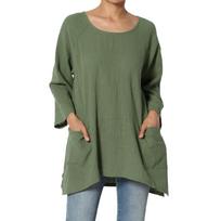 Women's Crinkled Cotton Pocket 3/4 Sleeve Hi Low Loose Fit Top Tunic XXL