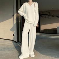 Women's 100% Pure Wool V-Neck Top & Wide-Leg Pants Set - Classic Solid Color, Waist-Cinched, Trendy Two-Piece L—Up to 145 lbs pilkšvai balta