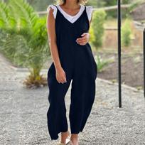 Women's Casual Loose Chest Overalls Cotton-linen Overalls With Pocket Wide-leg V-neck Suspenders XL