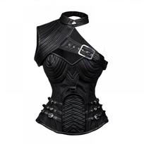Moteriškas didelio dydžio odinis korsetas Bustier Steampunk drabužis Viršutinė dalis Vintage viršutinis drabužis Pirato kostiumas XL juoda
