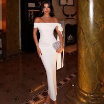 Summer slim-fit elegant one-step skirt one-word collar tube top strap-up long skirt banquet dress temperament elegant S balta