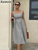 Fashion Casual French Empire Waist Sleeveless Tube Top Square Neck Color Block Striped Maxi Dress S juoda