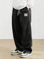 Men's Black Corduroy Baggy Pants - Casual Drawstring Wide Leg Trousers with Pockets for Streetwear S
