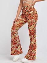 Women's Mid Rise Flare Pants Floral Print Relaxed Fit Long Trousers Sexy Summer Casual Bell Bottom Pants S geltona