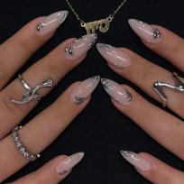 24PCS Shiny Nude Almond Press on Nails Full Cover Golden Lines Patterns French Simple Fake Nails for Women Wearable Ins Nail Art gray
