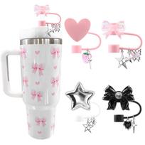 Stanley Cup Heart Silicone Straw Cap with Glitter Star and Bow Design white