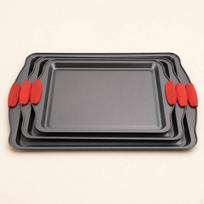 3 Pieces Rectangular Cooking Tray Red Silicone Handles Nonstick Thickened Carbon Steel gray