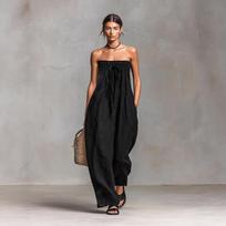 Women's Strapless Tube Top Jumpsuit Loose Fit Solid Color Linen Blend Wide Leg Long Pants Romper With Pocket XS juoda