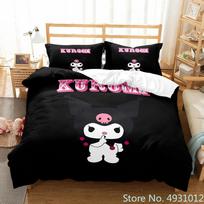 Sanurgente Kuromi Melody Bedding Set Pillowcase Anime Bedclothes Cartoon 3D Printed Kids Adult Boys Quilt Duvet Cover Gift EU Single(135*200cm)3pcs black
